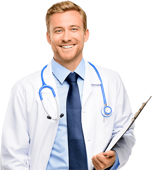 A male doctor smiles while holding a clipboard, exuding professionalism and approachability in a clinical setting.