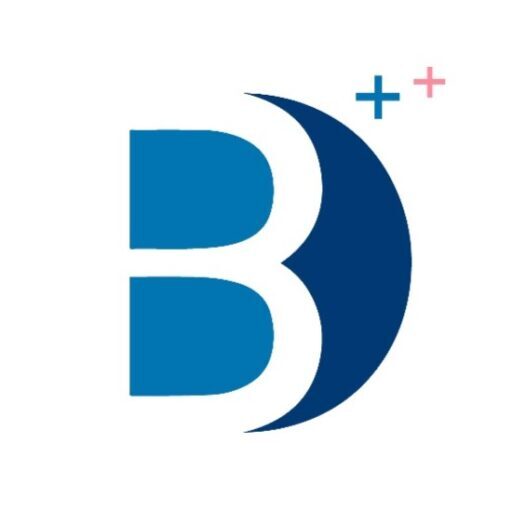 Logo with a stylized 'B' in blue and white, accompanied by two plus signs, representing innovation and growth.